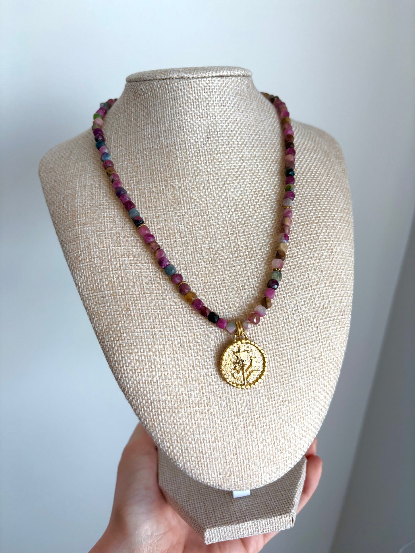 Watermelon Tourmaline Necklace with Floral Coin Pendant | Gold Vermeil & Gold-Filled Details