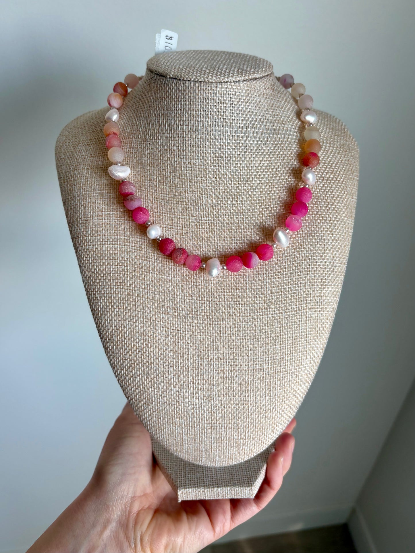 Pink Druzy Agate & Freshwater Pearl Necklace with Tiny Pearl Spacers and Gold-Plated Findings (16”)