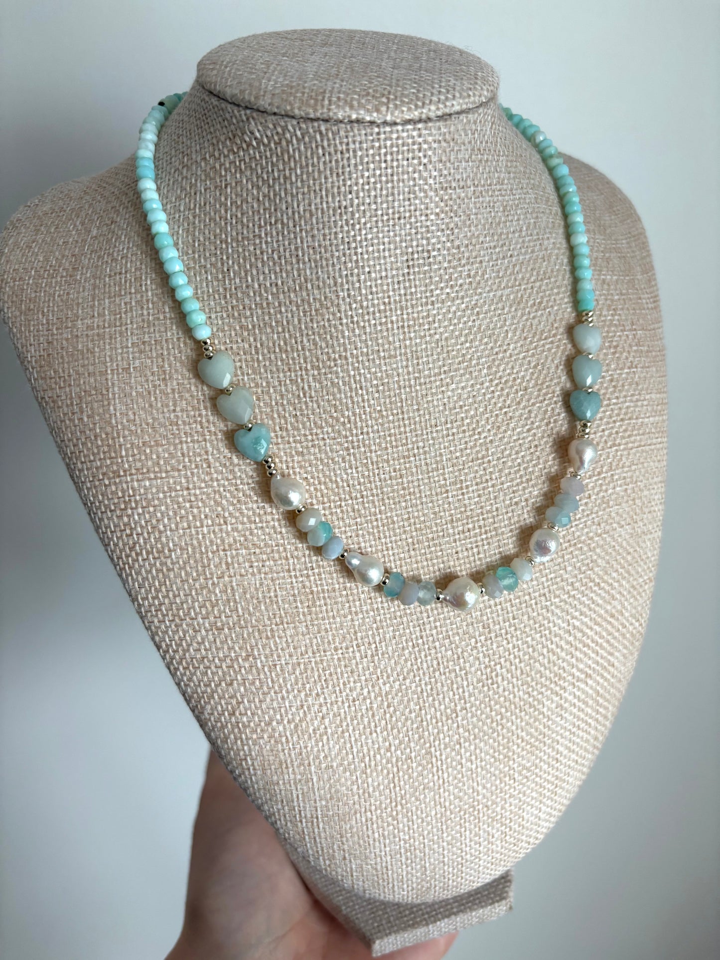 Aqua Agate, Amazonite, Freshwater Pearl & 18k Gold-Filled Necklace