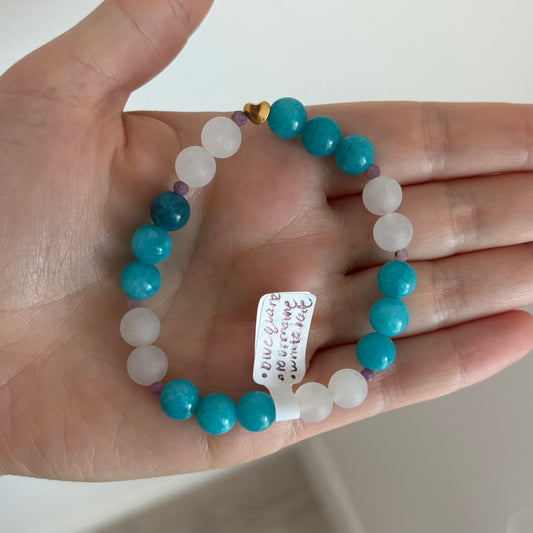 Blue Quartz, Tourmaline & White Jade Stretch Bracelet with 18k Gold-Filled Heart Spacer