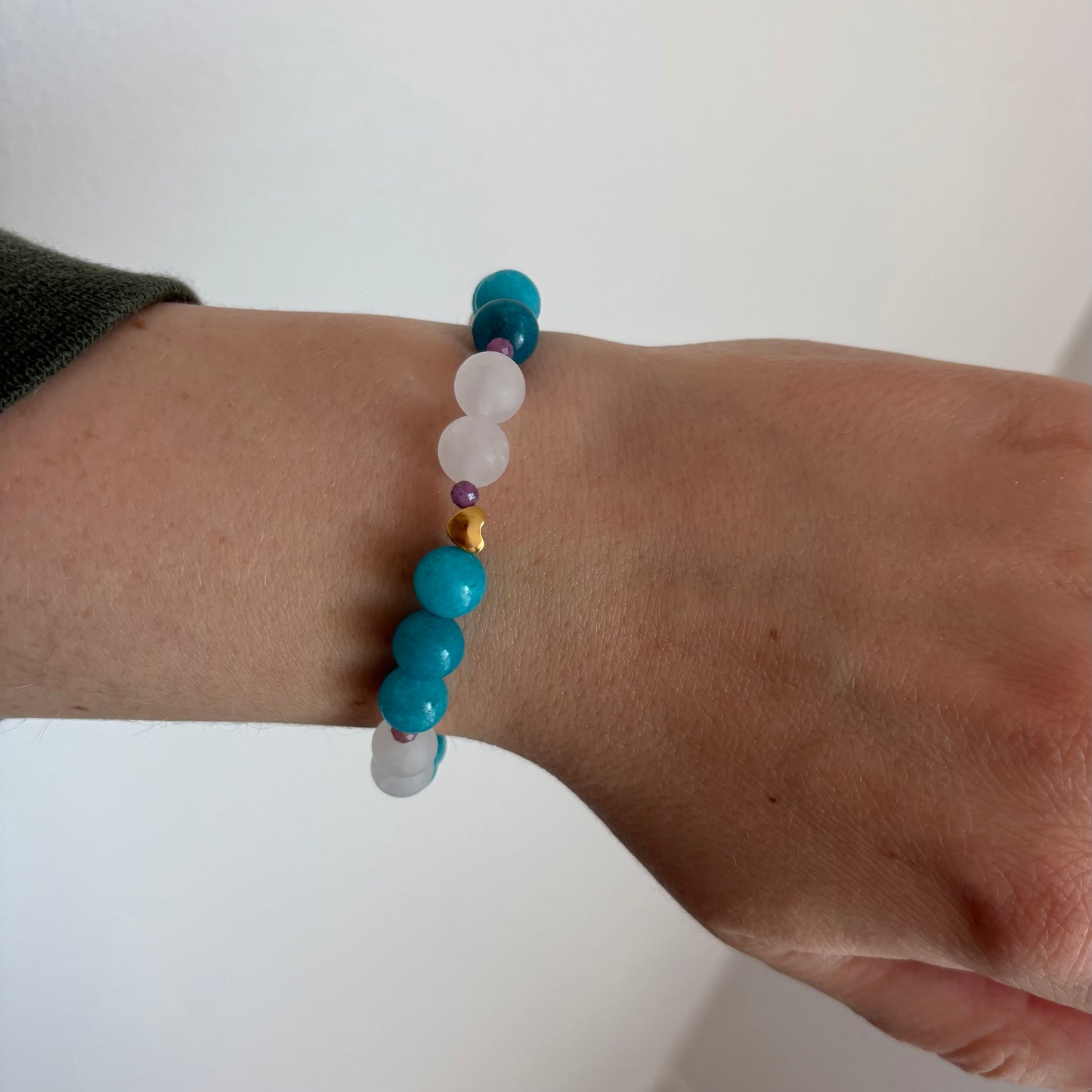 Blue Quartz, Tourmaline & White Jade Stretch Bracelet with 18k Gold-Filled Heart Spacer