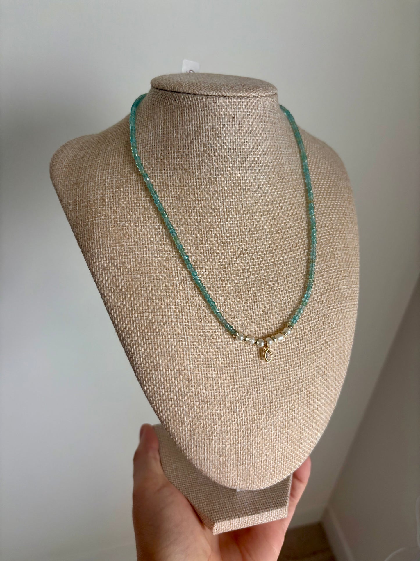 Green-Blue Apatite & Freshwater Pearl Necklace with Gold-Filled Teardrop Charm – 17”