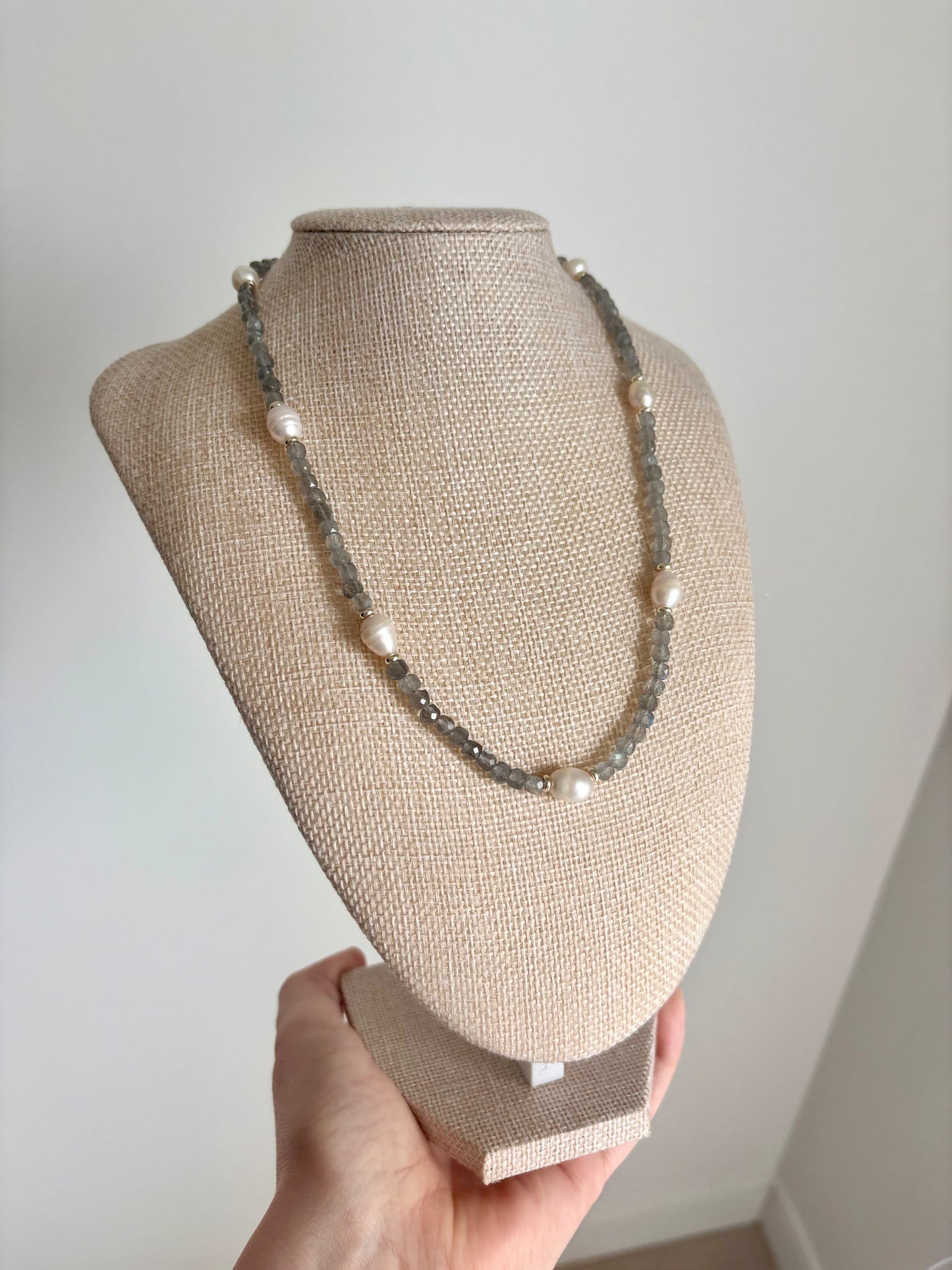 Labradorite & Freshwater Pearl Necklace with Gold-Filled Spacers – 19”