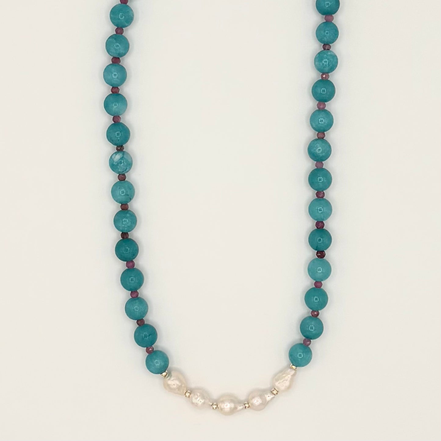 Blue Quartz & Pink Tourmaline Necklace with Freshwater Pearl Center – 17”