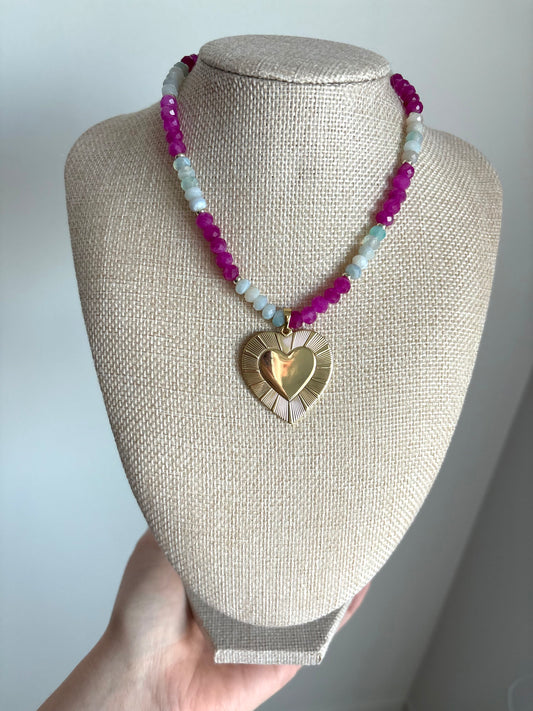 Aqua Agate & Ruby Jade Necklace with 18k Gold-Filled Heart Pendant