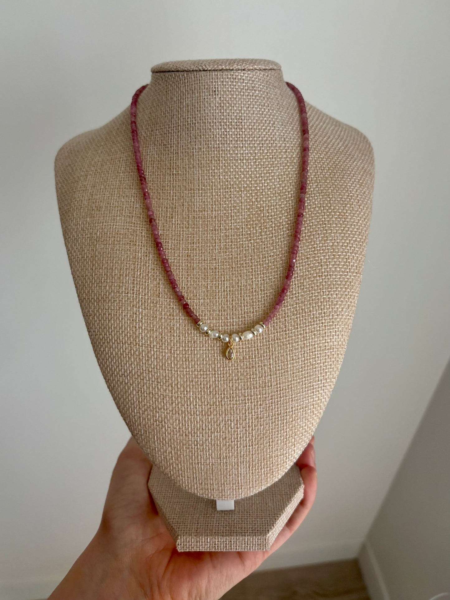 Pink Tourmaline & Freshwater Pearl Necklace with Gold-Filled Teardrop Charm – 15” & 17” Options