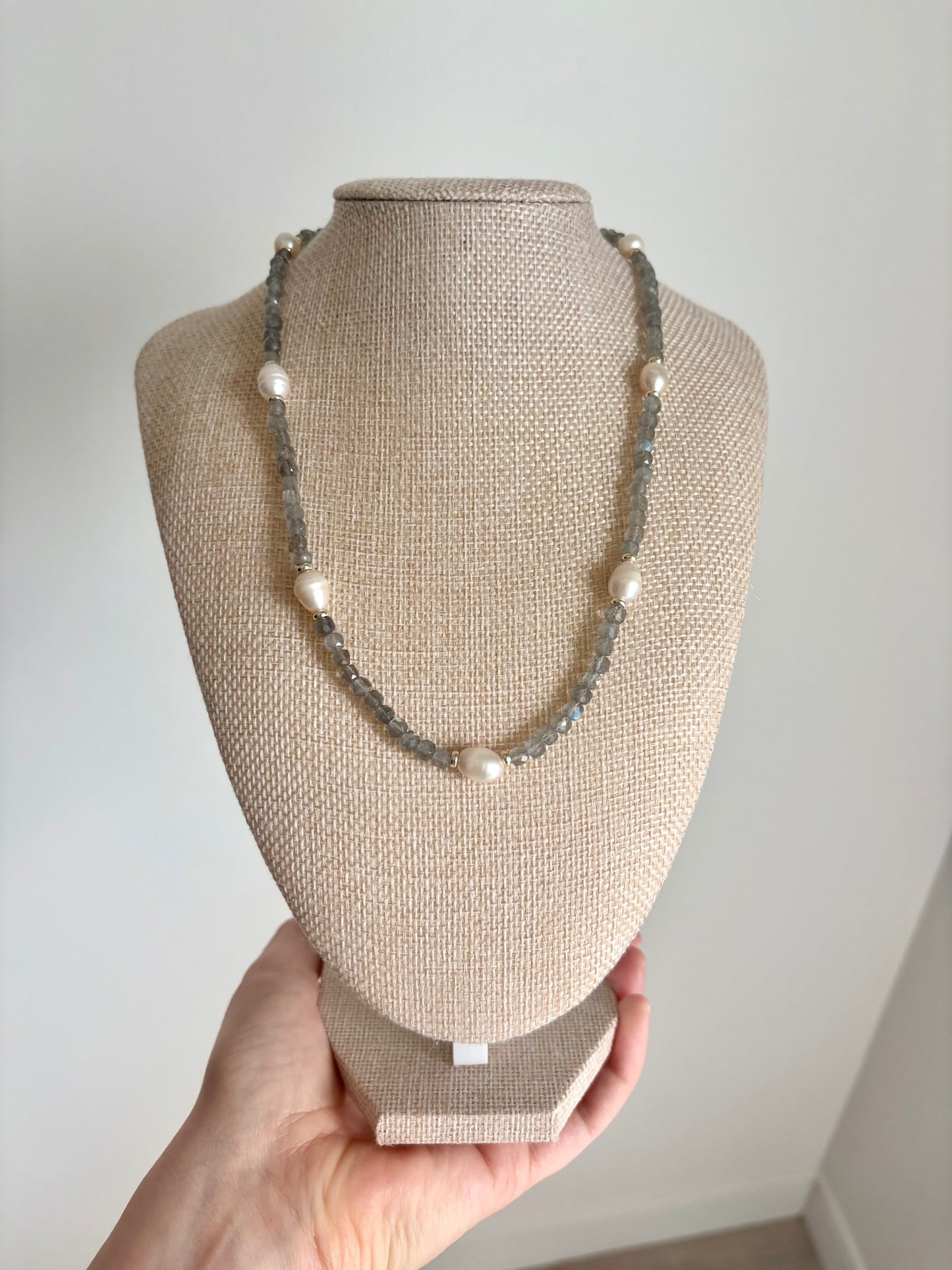 Labradorite & Freshwater Pearl Necklace with Gold-Filled Spacers – 19”