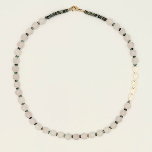 Rose Quartz Necklace with African Turquoise & Mother of Pearl Hearts | 20” Gold-Filled