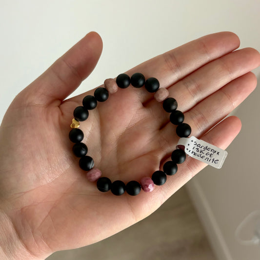 Sardonyx & Rhodonite Stretch Bracelet with 18k Gold-Filled Heart Spacer