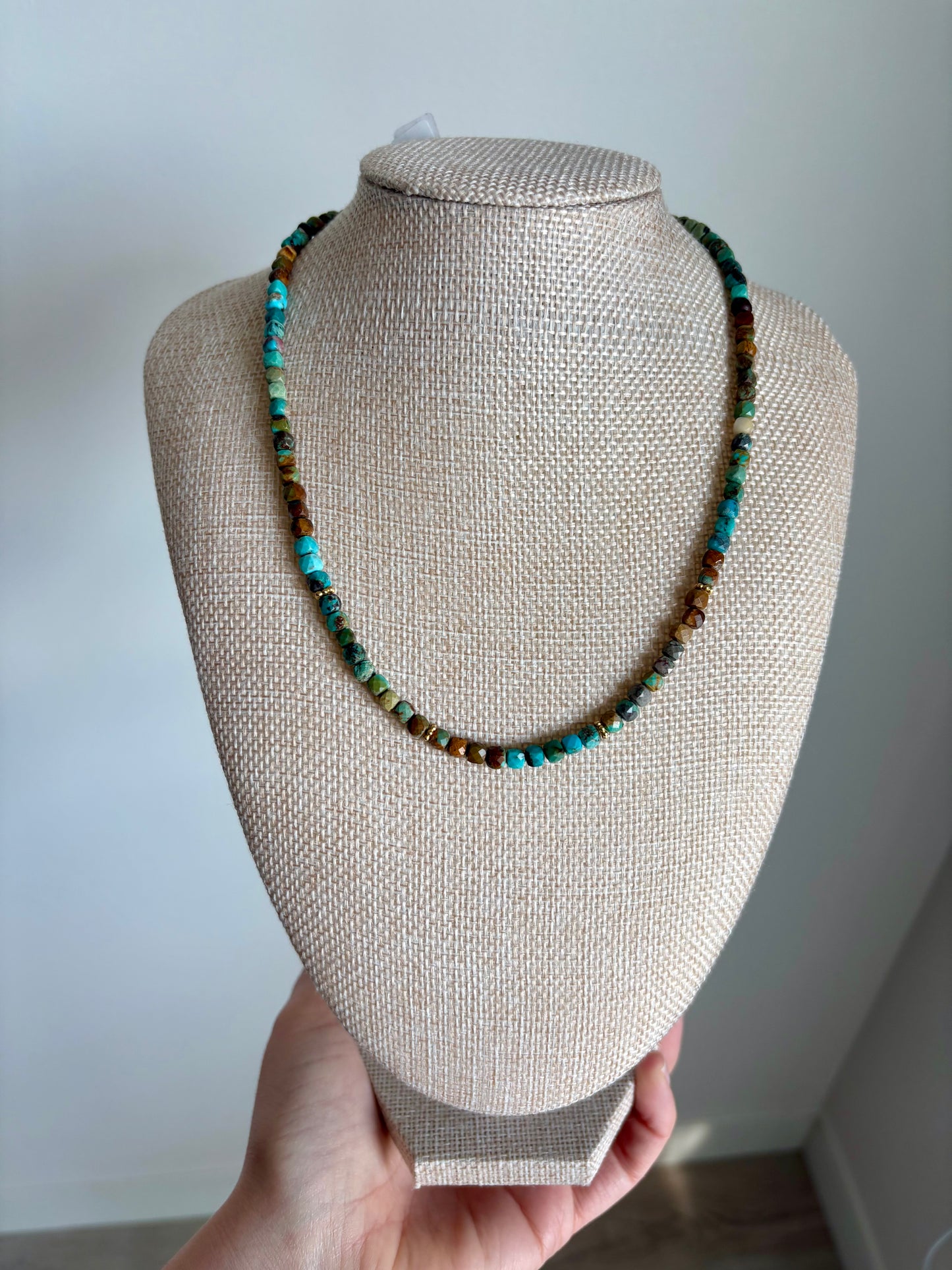 Earth Tones Faceted Turquoise Necklace with Gold Vermeil Daisy Spacers & Heart Extender (16–18”)