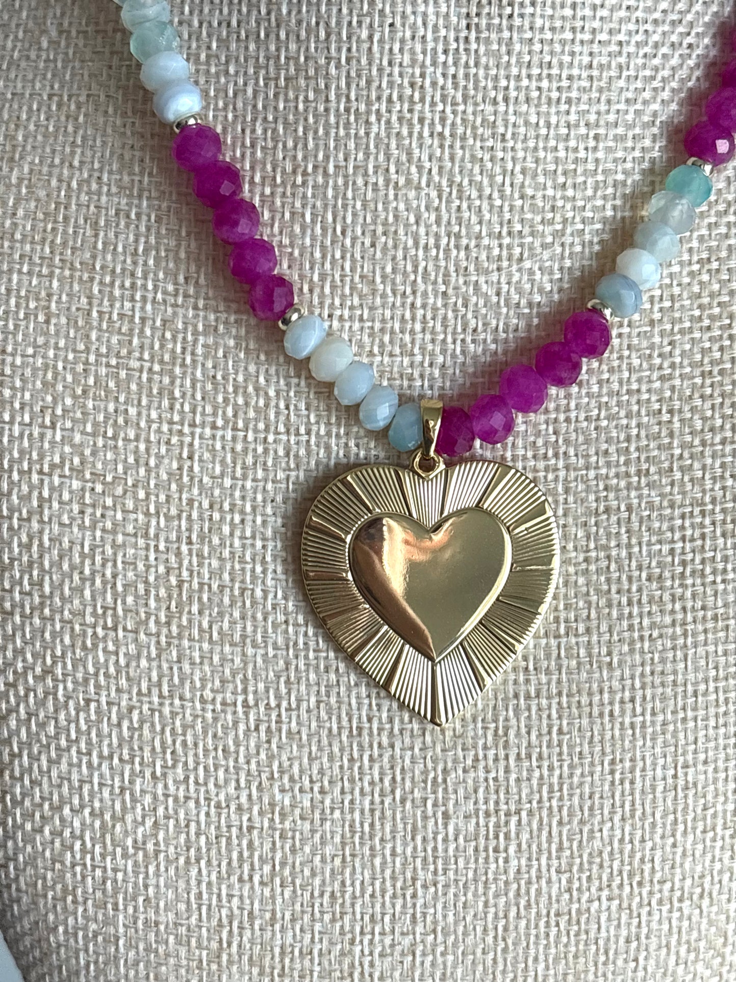 Aqua Agate & Ruby Jade Necklace with 18k Gold-Filled Heart Pendant