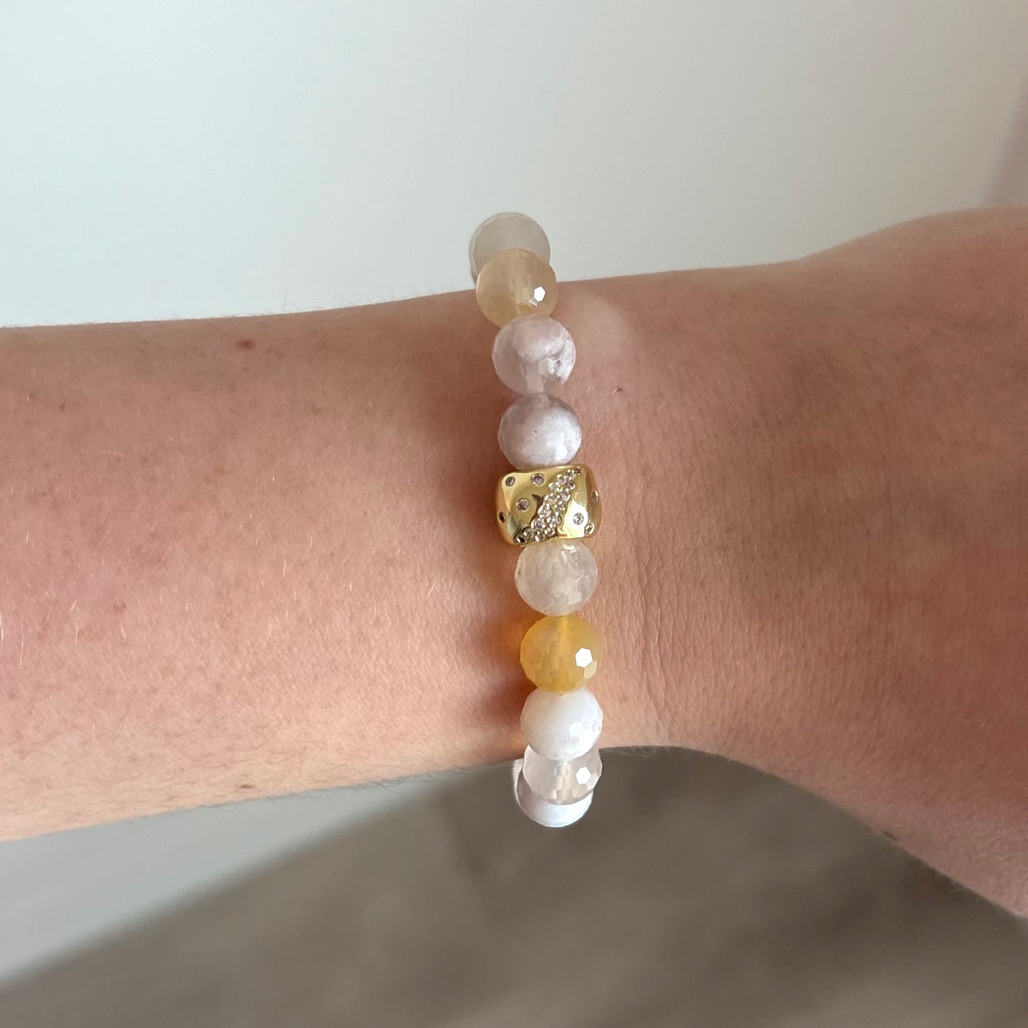 Cherry Blossom Agate Stretch Bracelet with 24k Gold-Filled Celestial Stars Spacer
