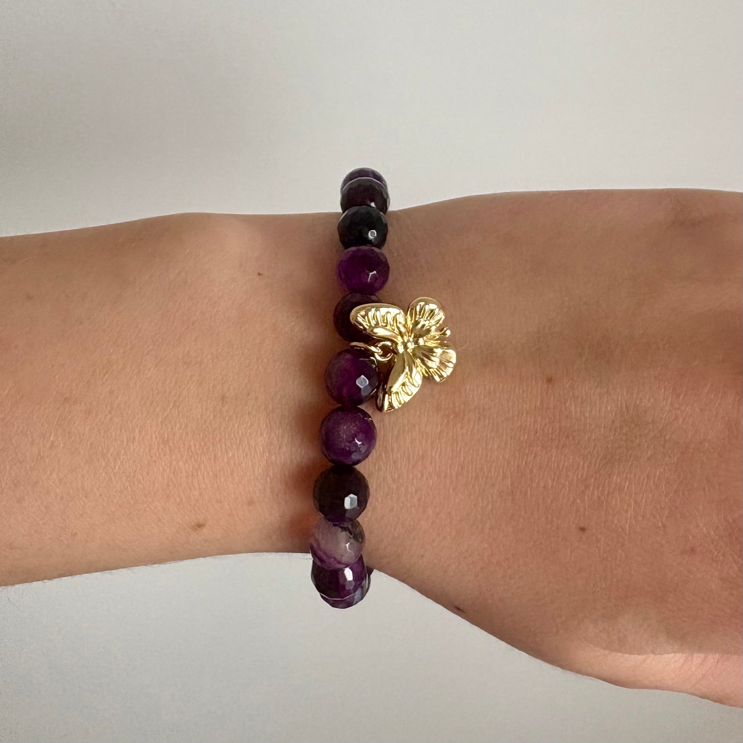 Amethyst Stretch Bracelet with 18k Gold-Filled Butterfly Charm