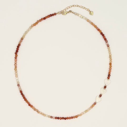 Mexican Fire Opal and Mother-of-Pearl Heart Beaded Choker Necklace – 18K Gold Filled