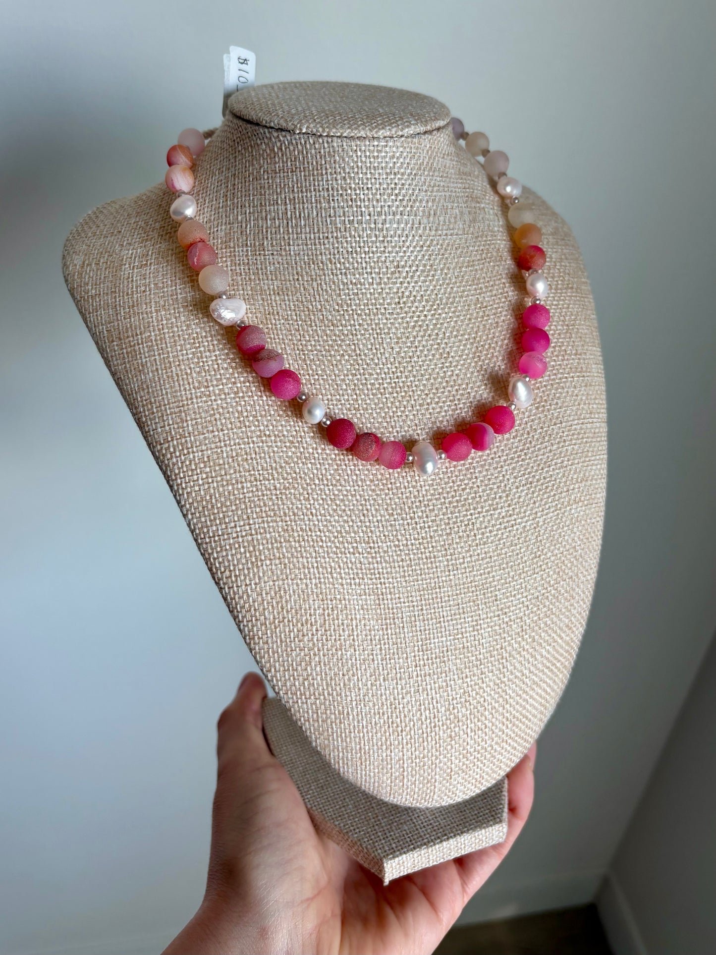 Pink Druzy Agate & Freshwater Pearl Necklace with Tiny Pearl Spacers and Gold-Plated Findings (16”)