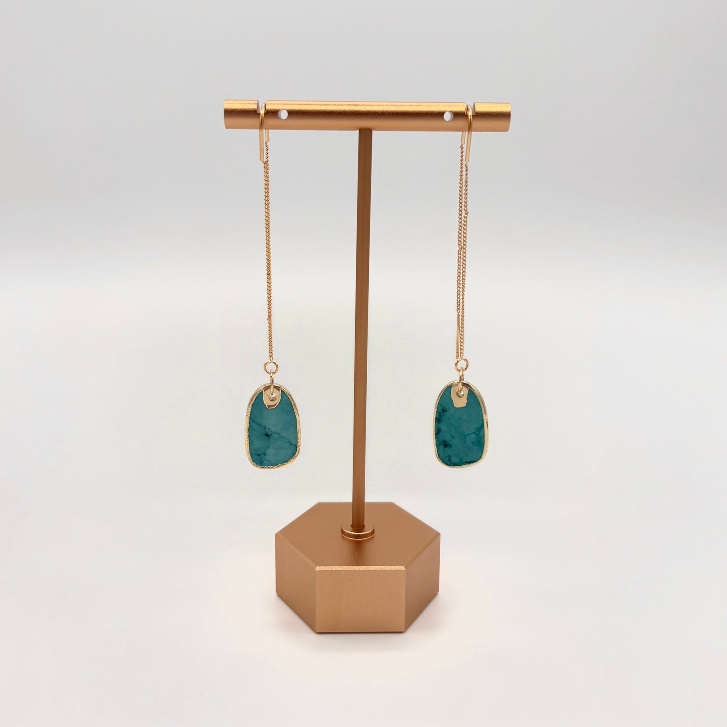 Gold Plated Turquoise Threader Earrings – Bezel Set Teardrop Dangles