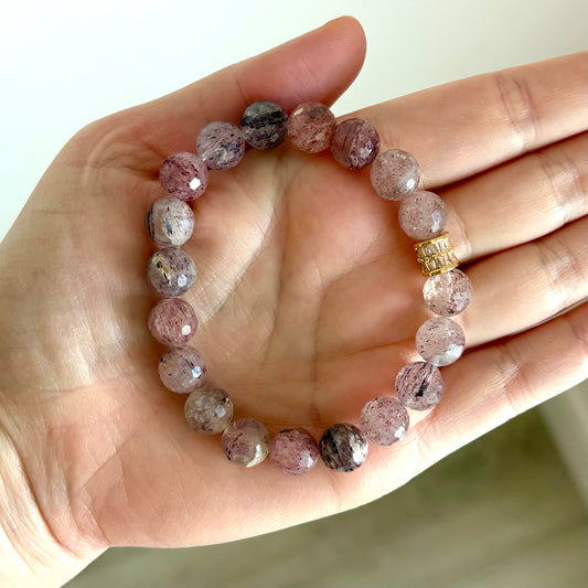 Strawberry Quartz Stretch Bracelet with 18k Gold-Filled & CZ Spacer