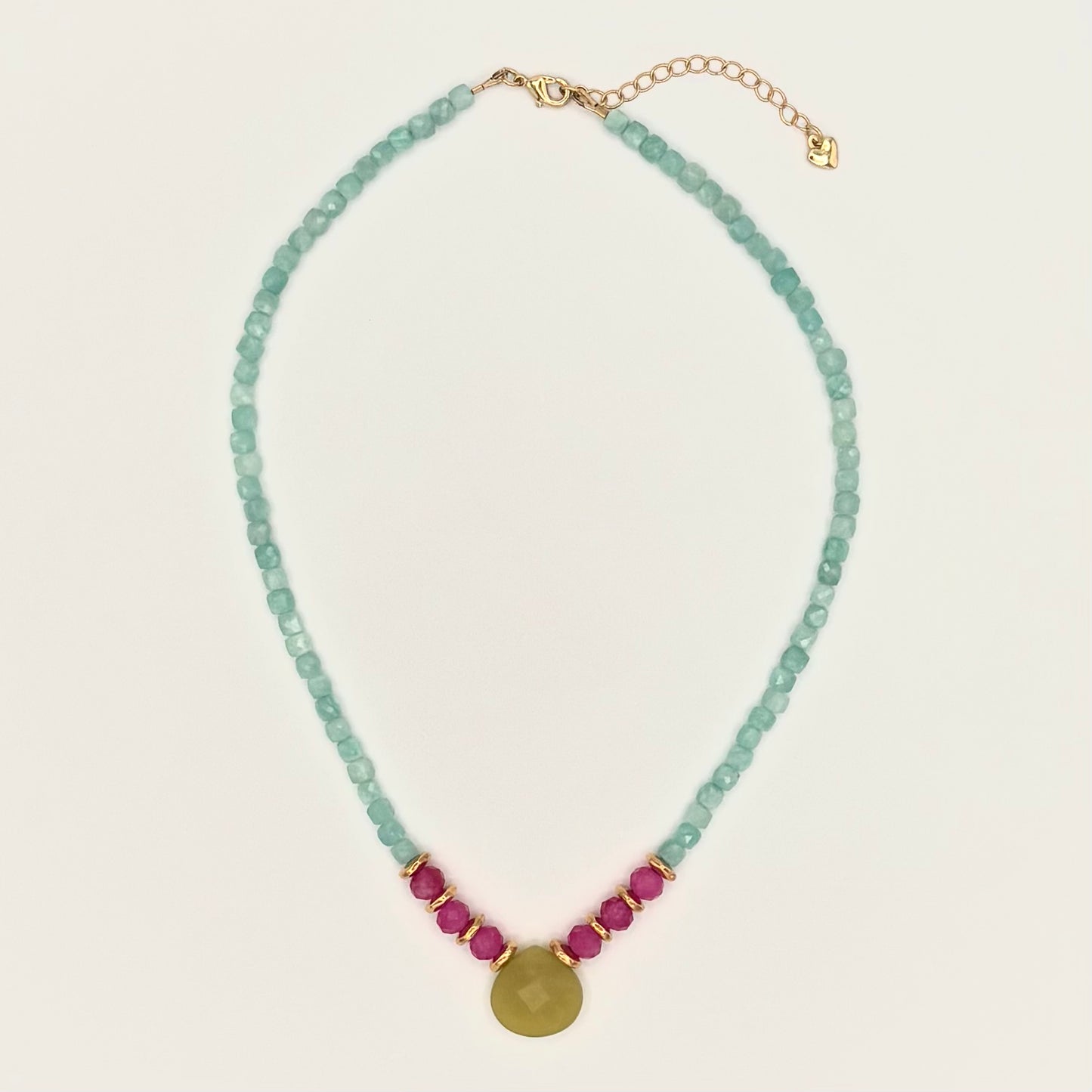 Amazonite Necklace with Teardrop Peridot Jade Pendant & Magenta Sardonyx Accents with Gold-Filled Puffy Heart Extender (15–17”)