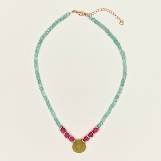 Amazonite Necklace with Teardrop Peridot Jade Pendant & Magenta Sardonyx Accents with Gold-Filled Puffy Heart Extender (15–17”)