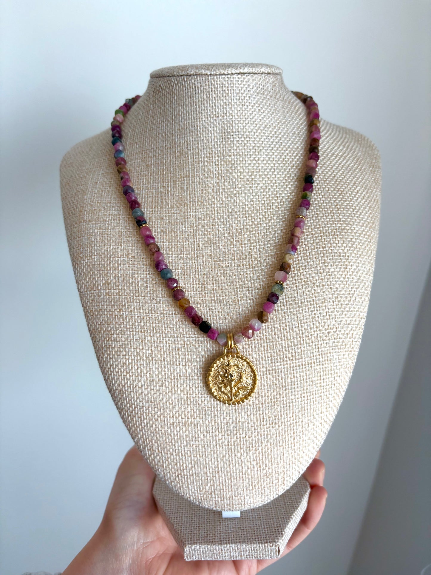 Watermelon Tourmaline Necklace with Floral Coin Pendant | Gold Vermeil & Gold-Filled Details