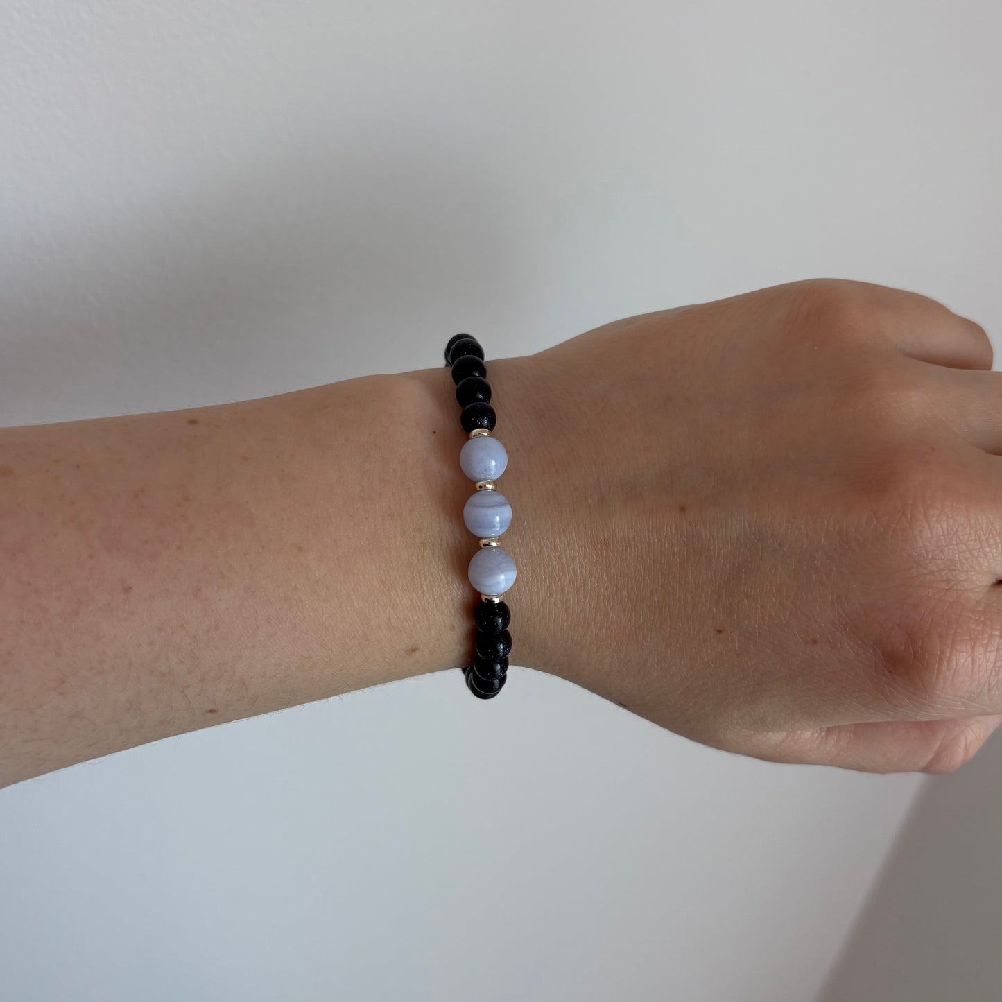 Blue Goldstone and Blue Agate Stretch Bracelet with 18k Gold-Filled Spacers