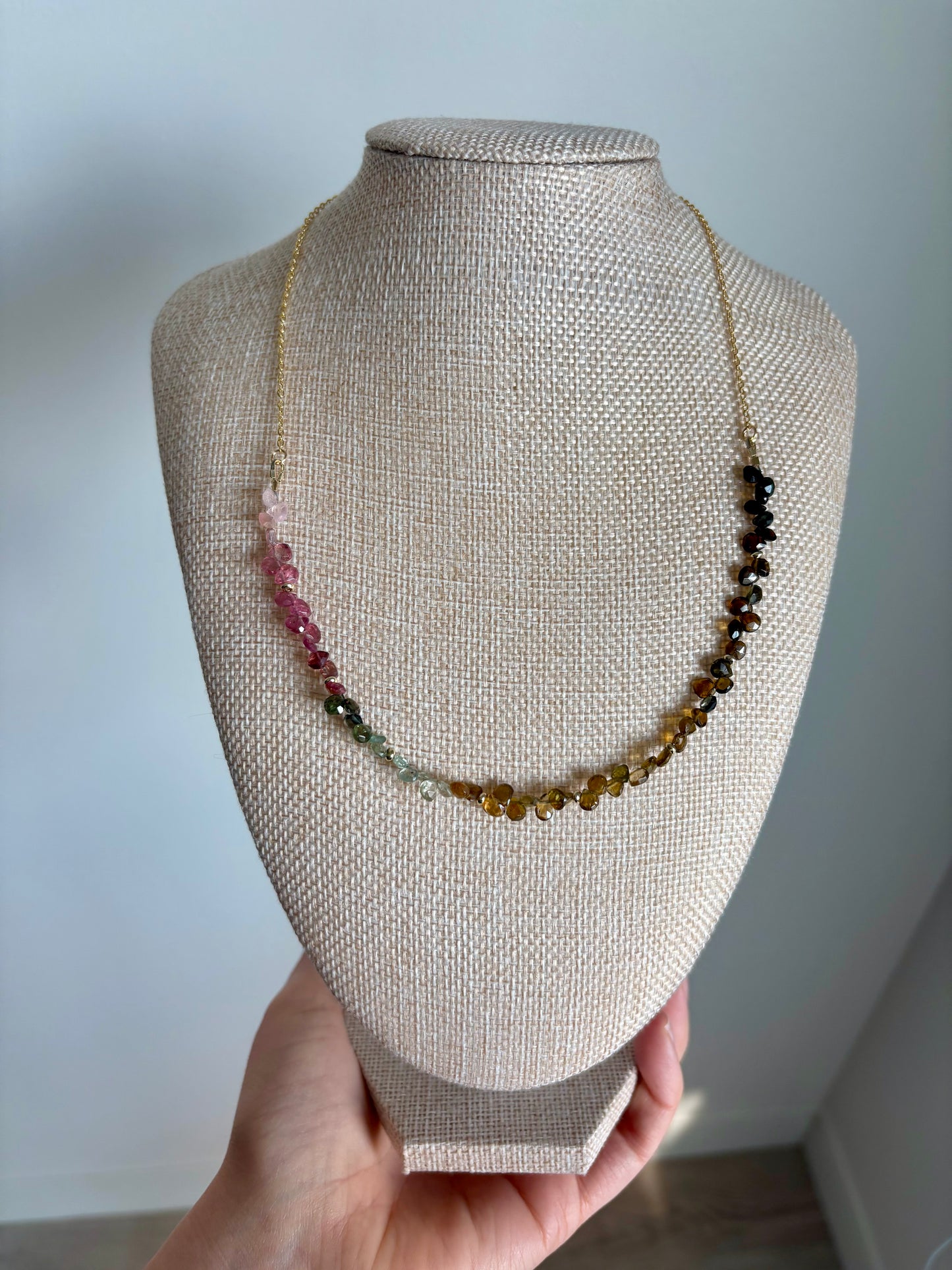 Tourmaline Ombre Briolette Necklace with Gold-Filled Chain & Puffy Heart Extender (19–21”)