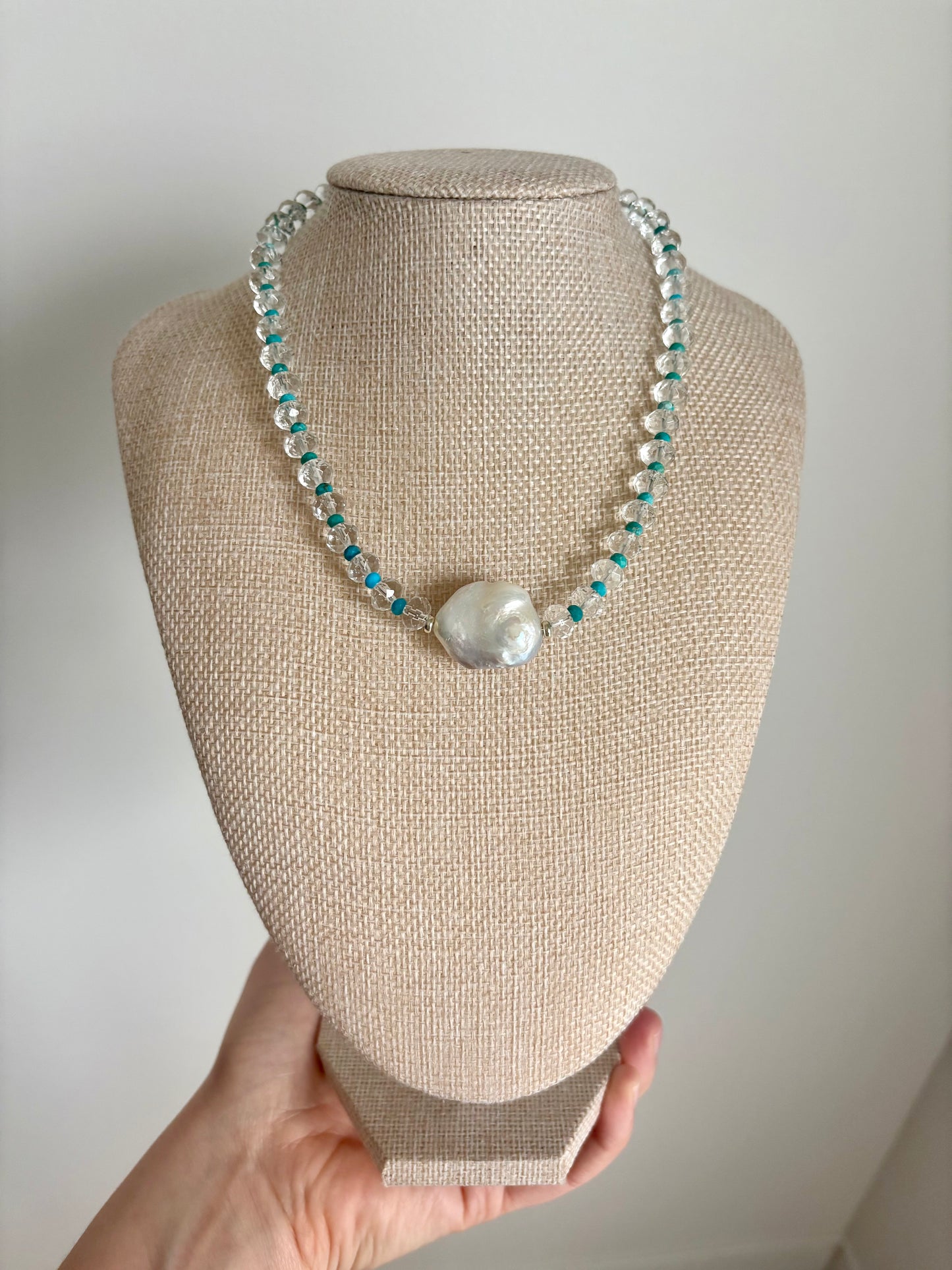 Clear Quartz & Turquoise Necklace with Baroque Freshwater Pearl – 15”