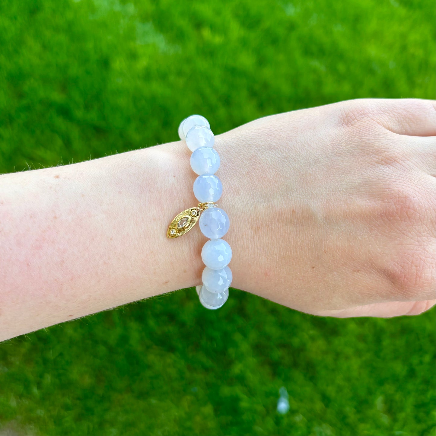 Blue Lace Agate Evil Eye Stretch Bracelet | 24K Gold Filled Charm