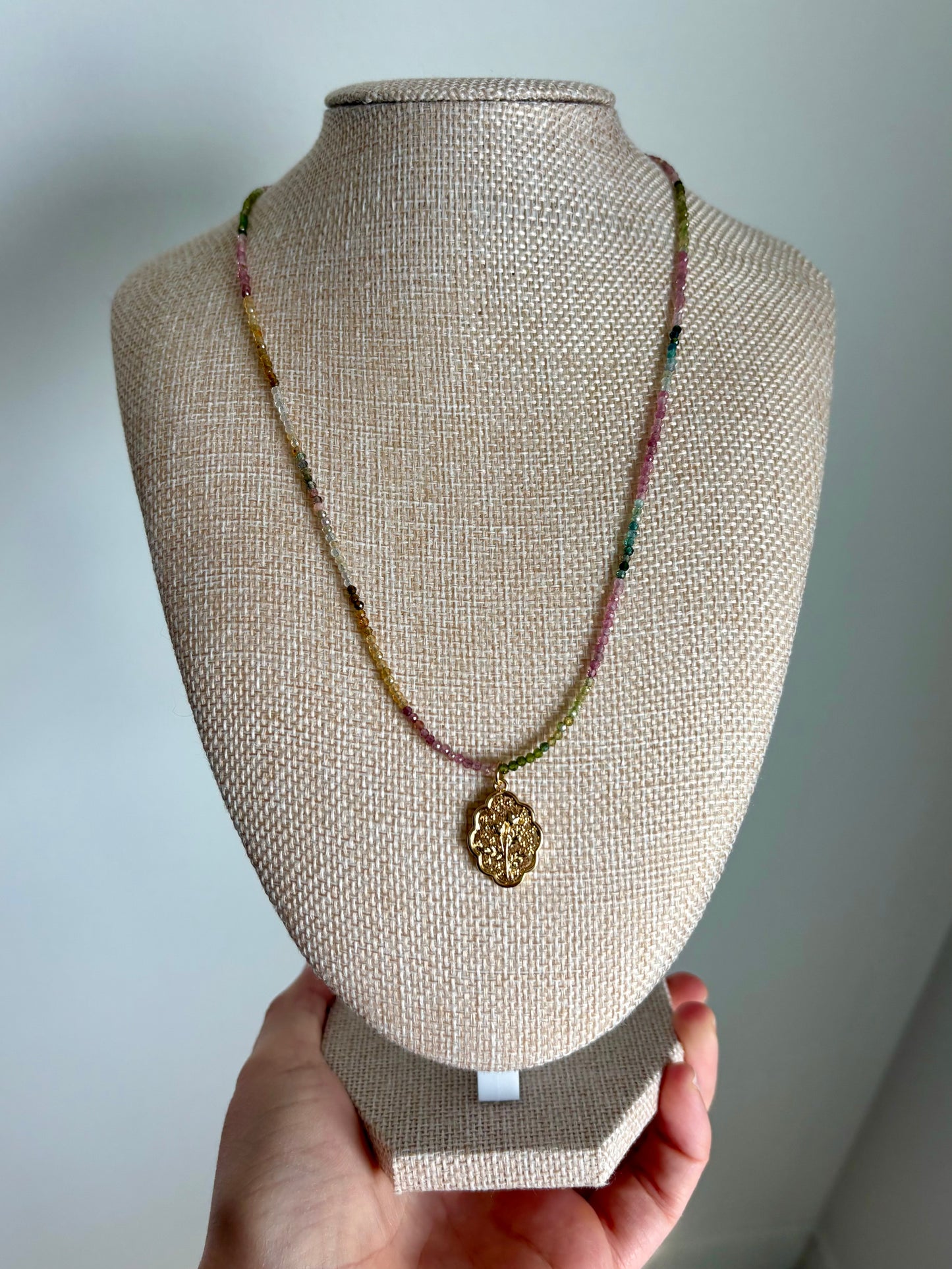 Watermelon Tourmaline Ombre Necklace with Gold-Filled Tulip Charm & Puffy Heart Extender (18–20”)