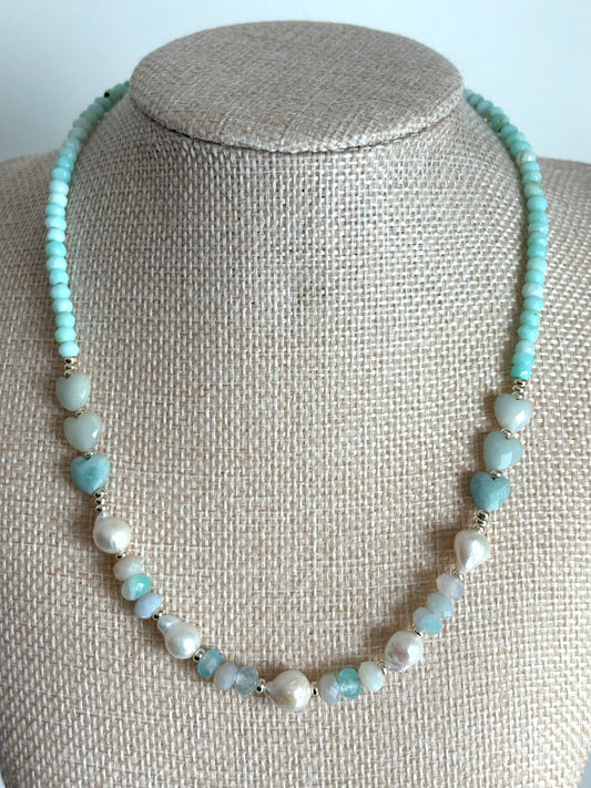 Aqua Agate, Amazonite, Freshwater Pearl & 18k Gold-Filled Necklace
