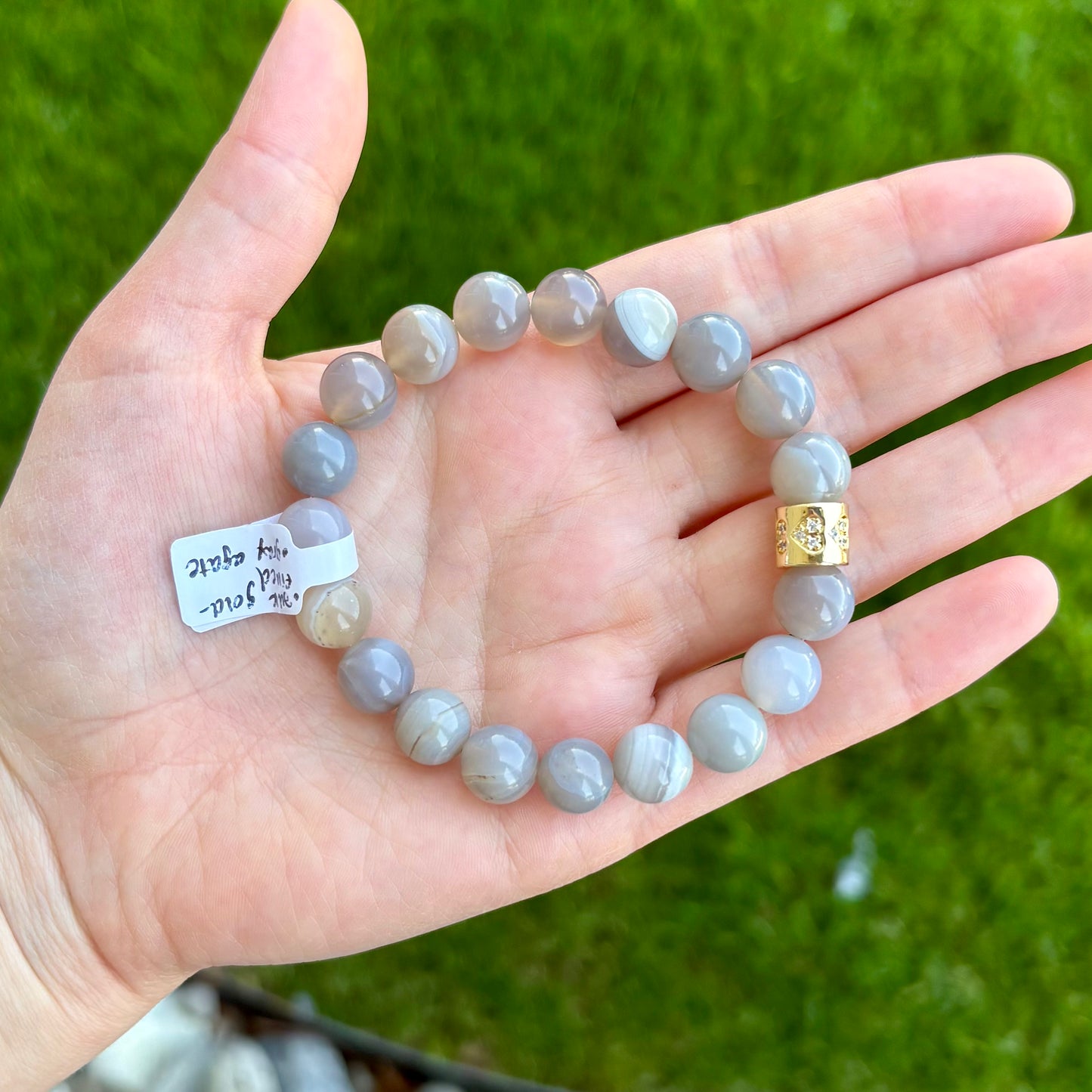 Striped Grey Agate Heart Stretch Bracelet | 24K Gold Filled CZ Spacer