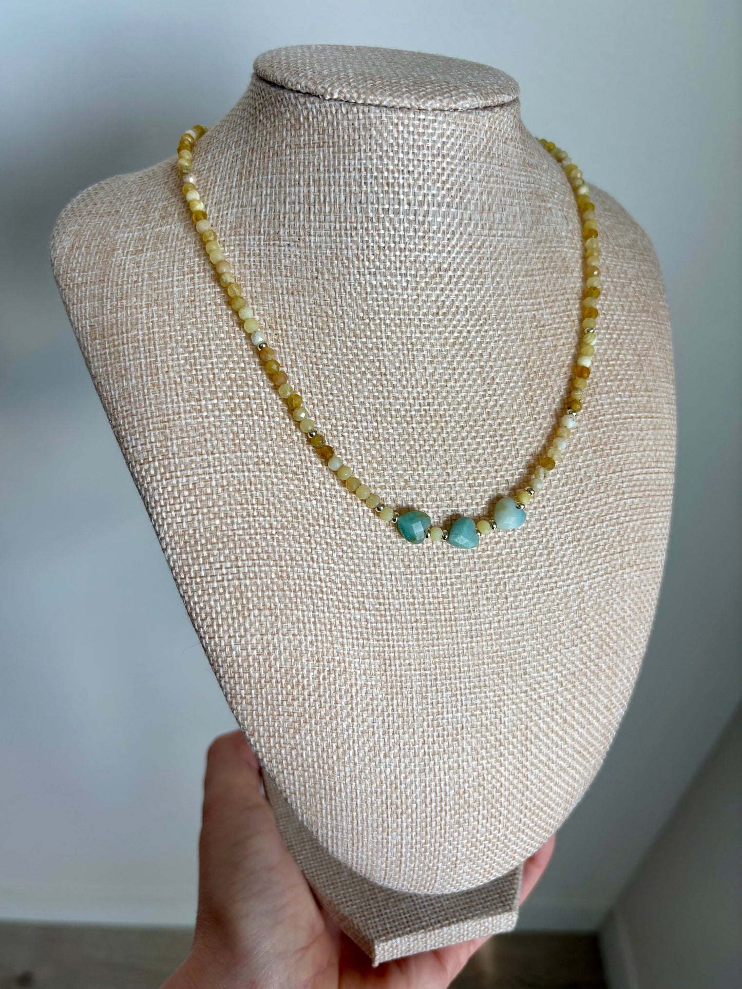 African Yellow Opal Necklace with Amazonite Heart Accents & Gold-Filled Puffy Heart Extender (15–17”)