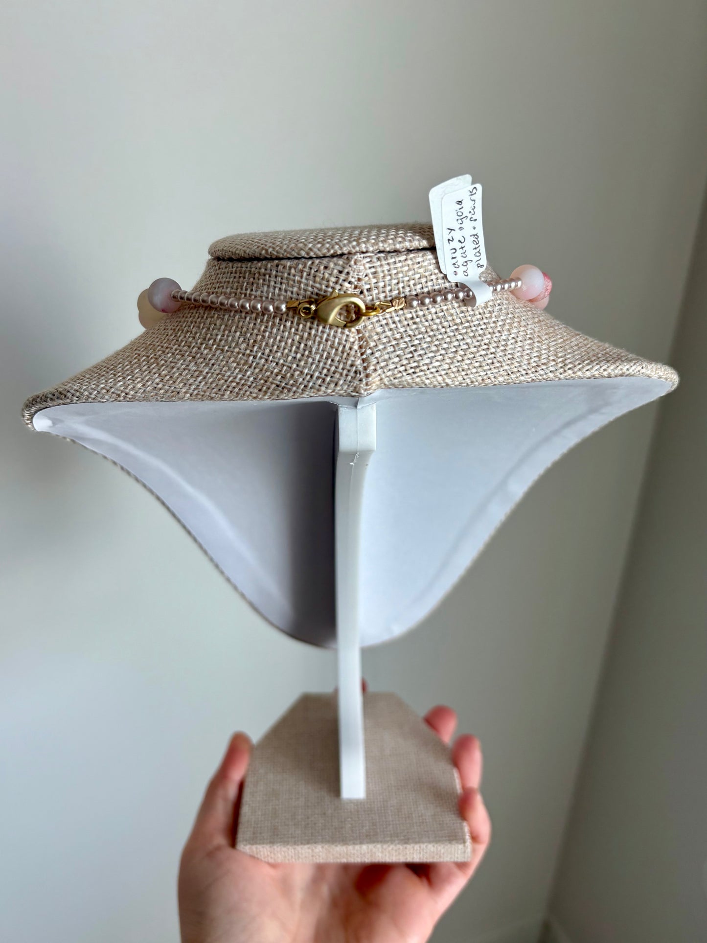 Pink Druzy Agate & Freshwater Pearl Necklace with Tiny Pearl Spacers and Gold-Plated Findings (16”)