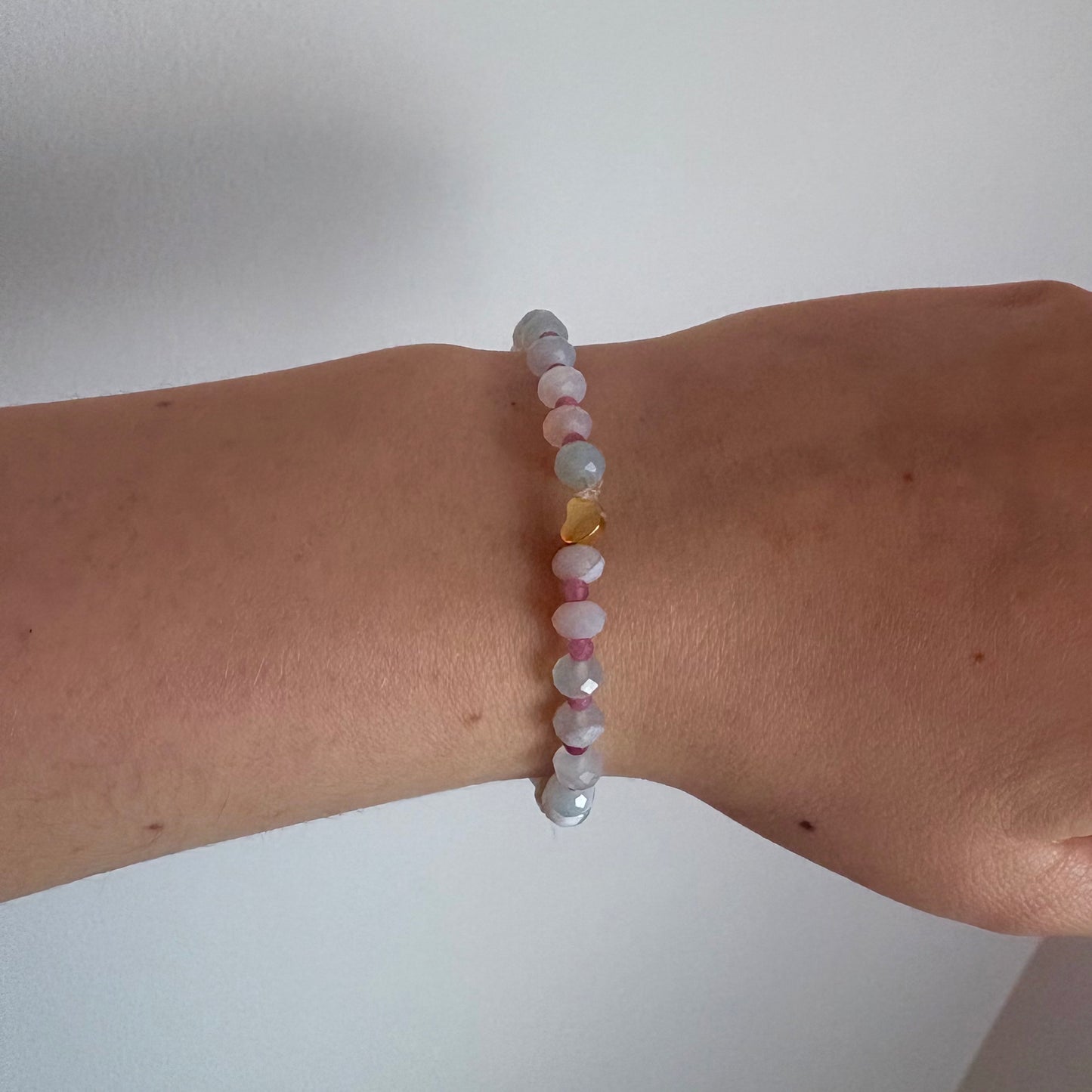 Aqua Agate & Tourmaline Stretch Bracelet with 18k Gold-Filled Heart Spacer