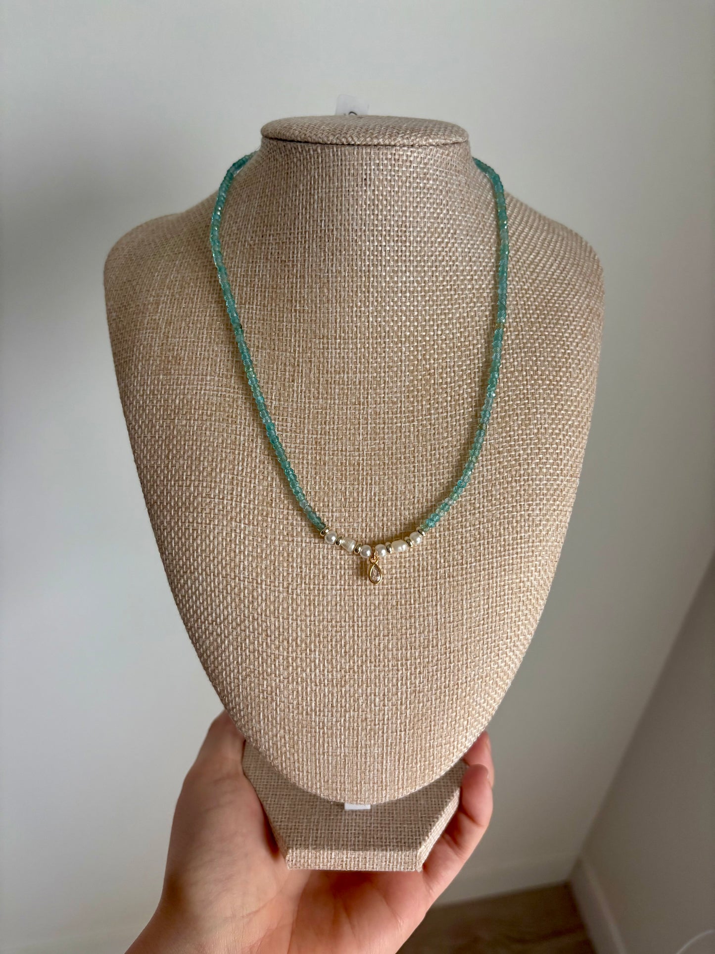 Green-Blue Apatite & Freshwater Pearl Necklace with Gold-Filled Teardrop Charm – 17”