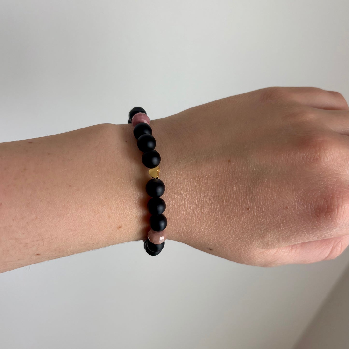 Sardonyx & Rhodonite Stretch Bracelet with 18k Gold-Filled Heart Spacer
