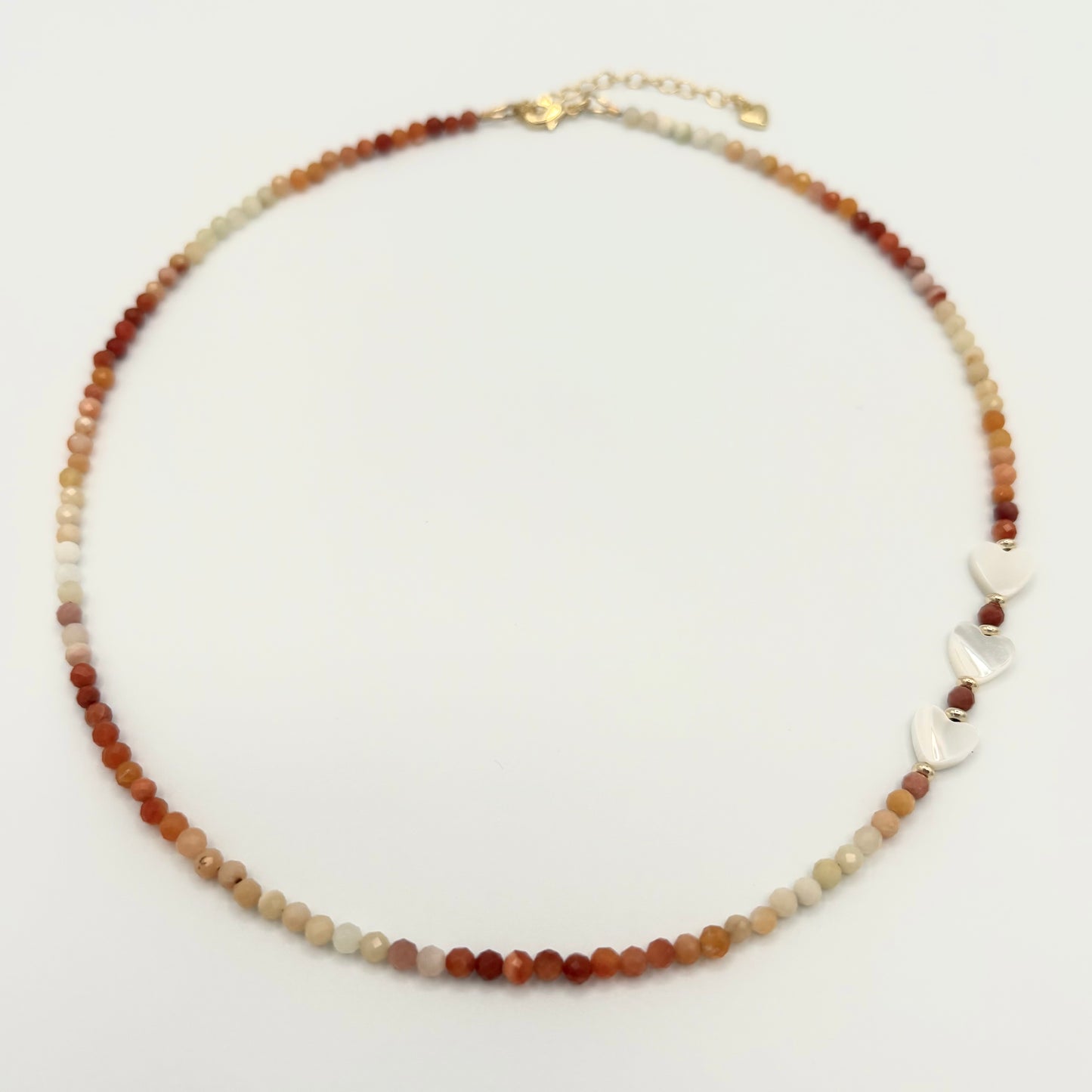 Mexican Fire Opal and Mother-of-Pearl Heart Beaded Choker Necklace – 18K Gold Filled