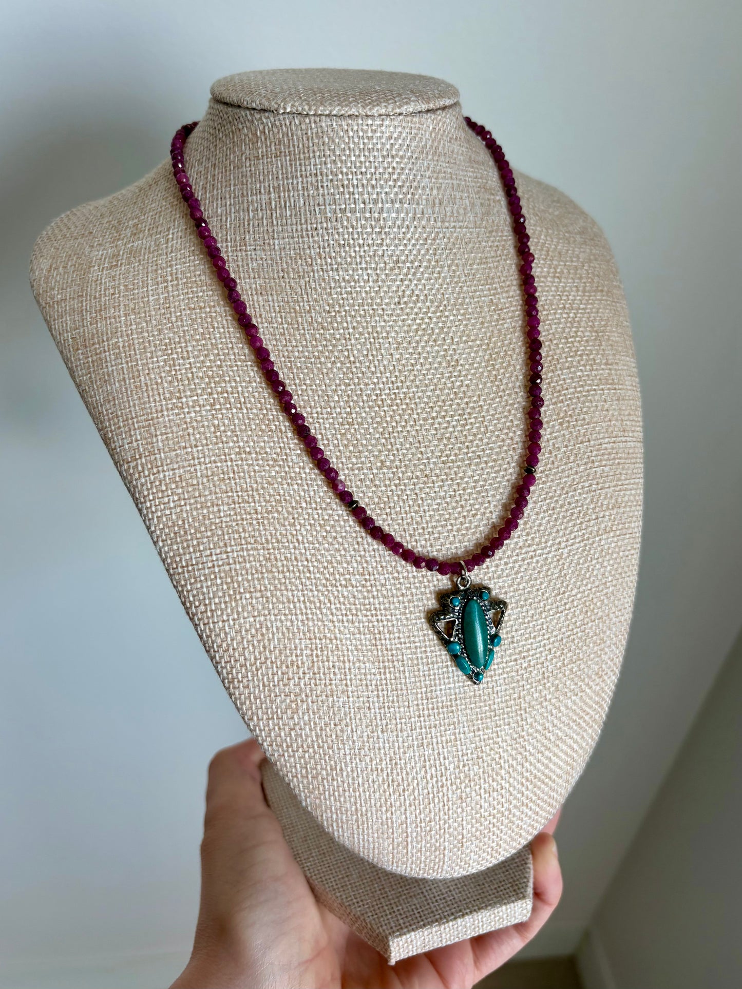 Ruby Bead Necklace with Vintage Sterling Silver Arrowhead Pendant & Turquoise Accents (16.5”)