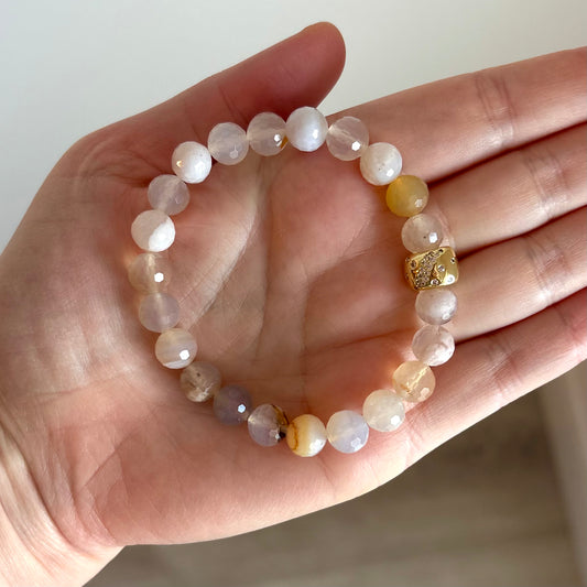 Cherry Blossom Agate Stretch Bracelet with 24k Gold-Filled Celestial Stars Spacer