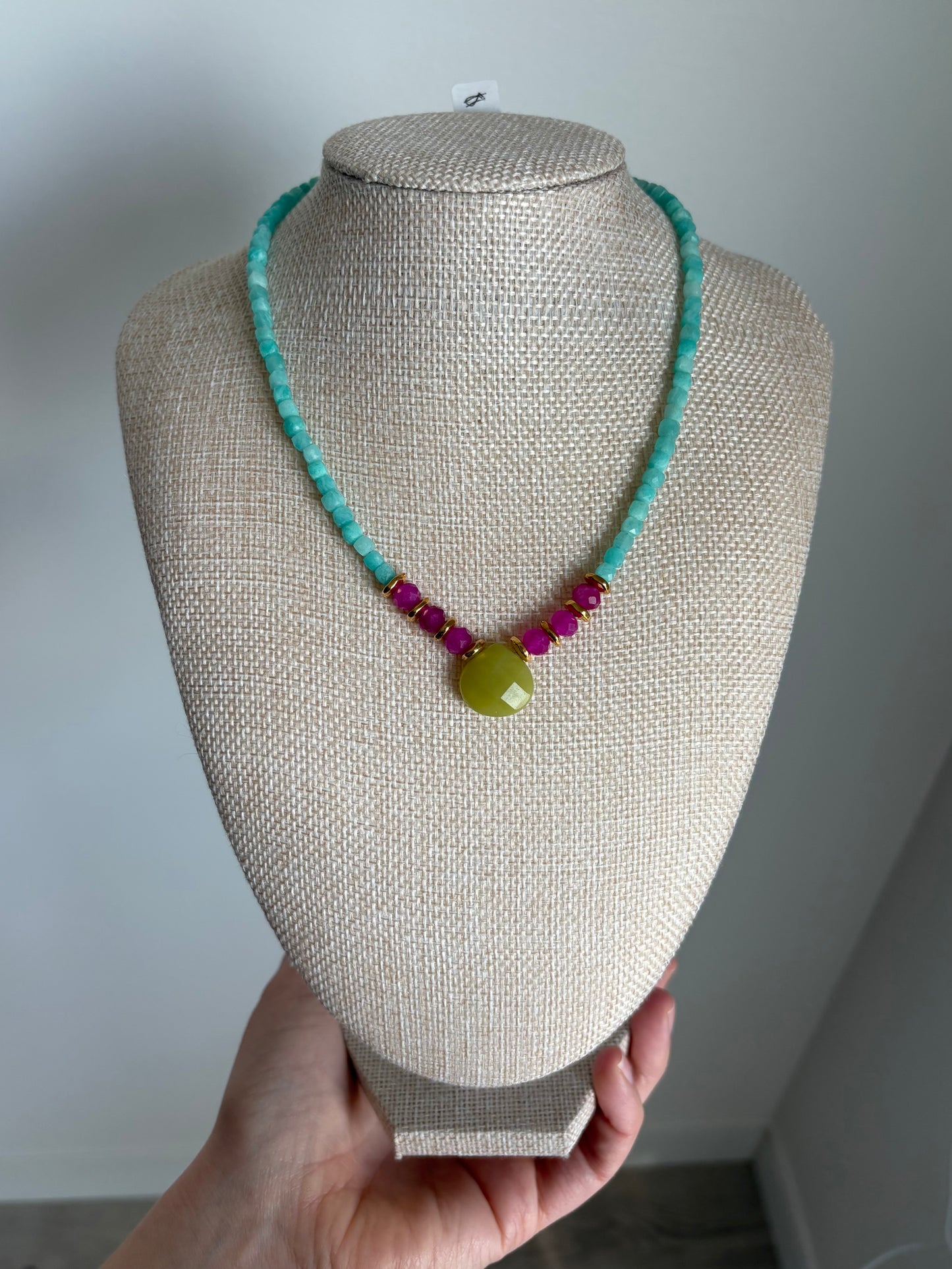 Amazonite Necklace with Teardrop Peridot Jade Pendant & Magenta Sardonyx Accents with Gold-Filled Puffy Heart Extender (15–17”)