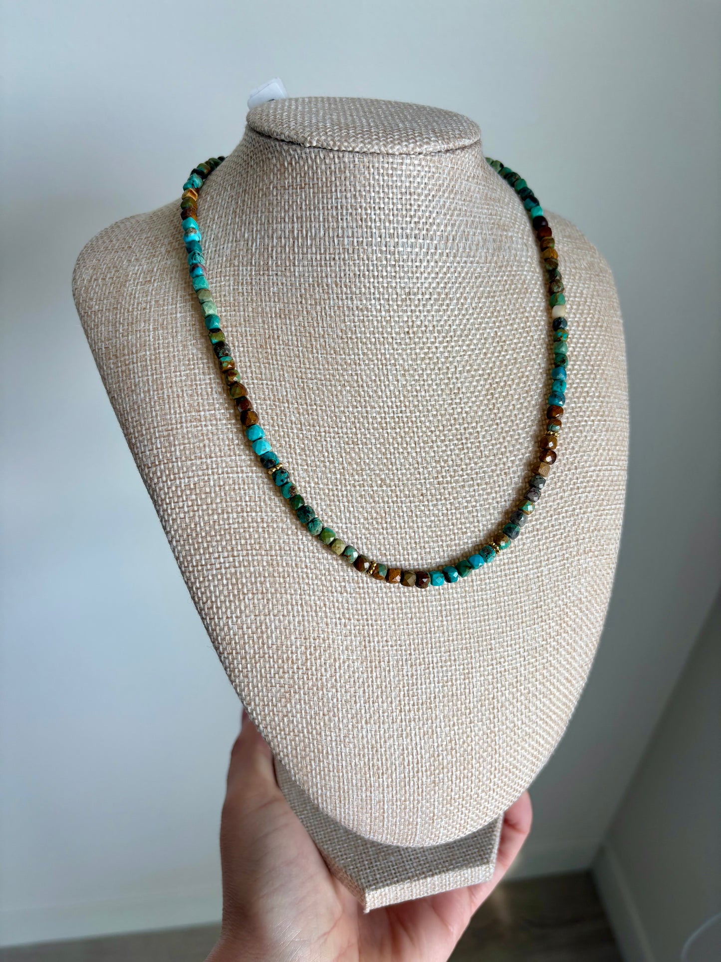 Earth Tones Faceted Turquoise Necklace with Gold Vermeil Daisy Spacers & Heart Extender (16–18”)