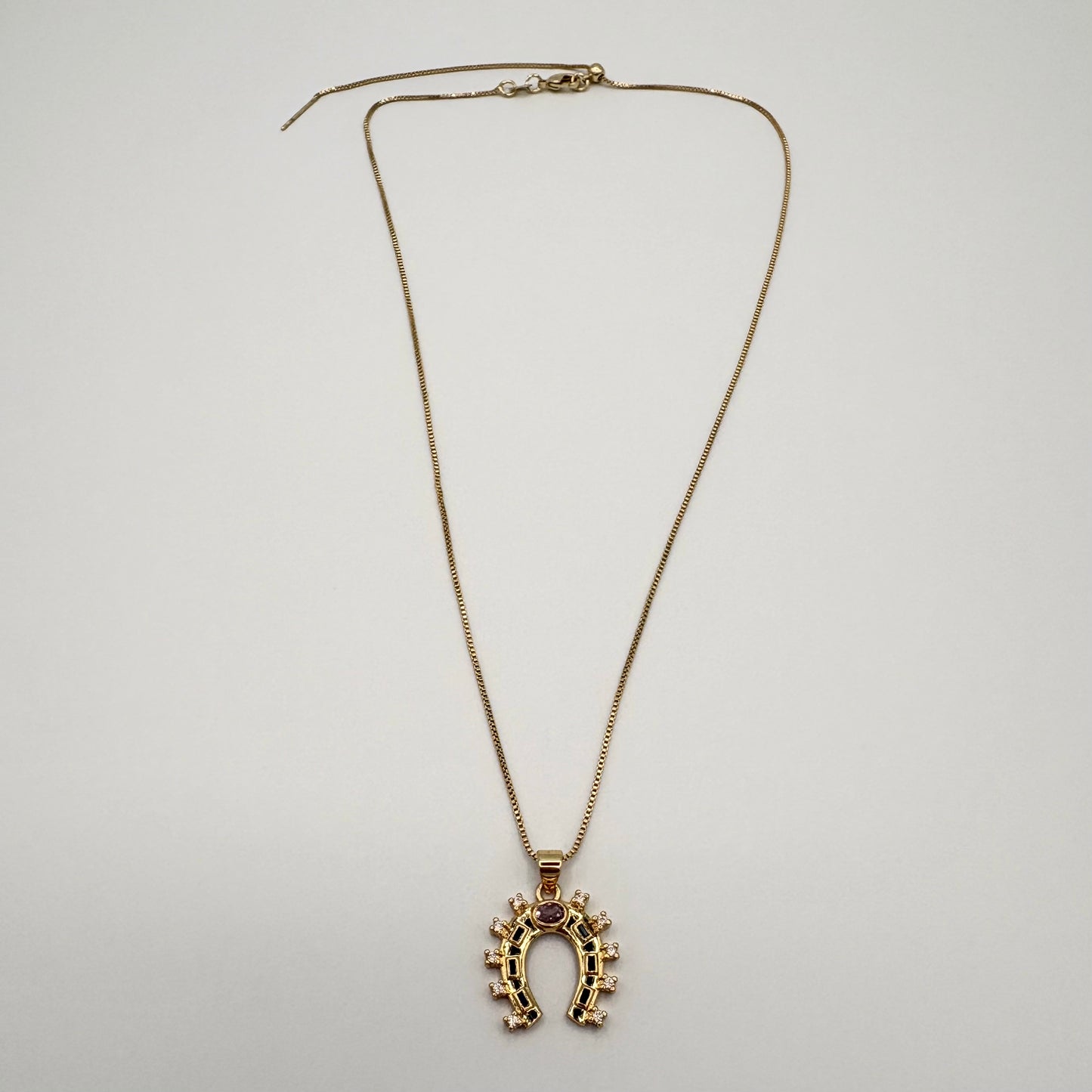 24K Gold-Filled Multicolor CZ Horseshoe Necklace on Adjustable Box Chain
