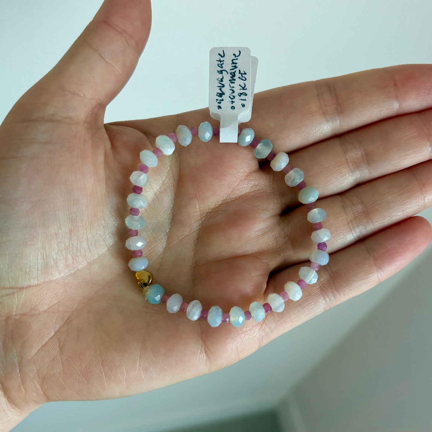 Aqua Agate & Tourmaline Stretch Bracelet with 18k Gold-Filled Heart Spacer