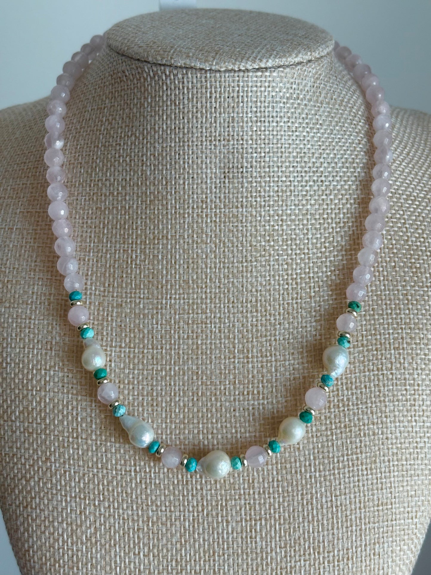 Rose Quartz & Turquoise Necklace | Freshwater Pearls & 18K Gold-Filled Details