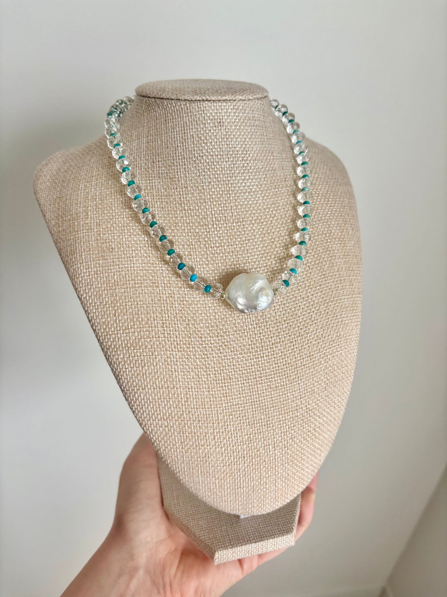 Clear Quartz & Turquoise Necklace with Baroque Freshwater Pearl – 15”