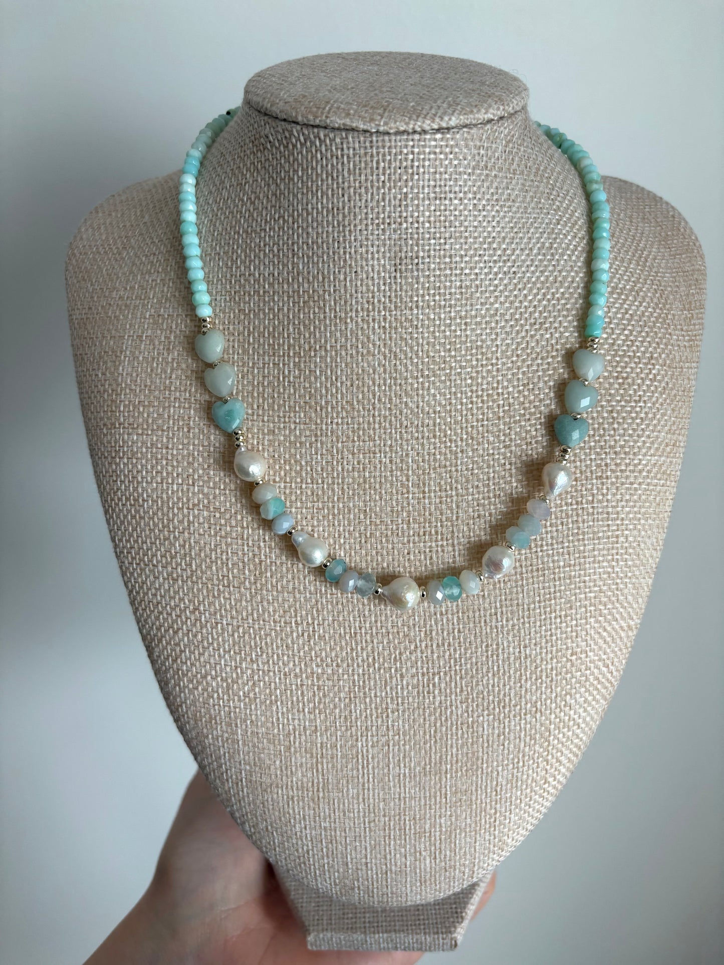 Aqua Agate, Amazonite, Freshwater Pearl & 18k Gold-Filled Necklace
