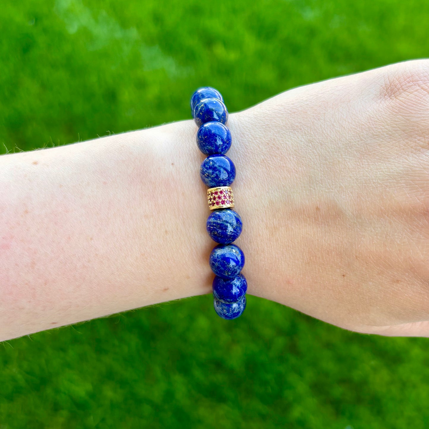 Lapis Lazuli Stretch Bracelet | 24K Gold Filled Ruby CZ Spacer