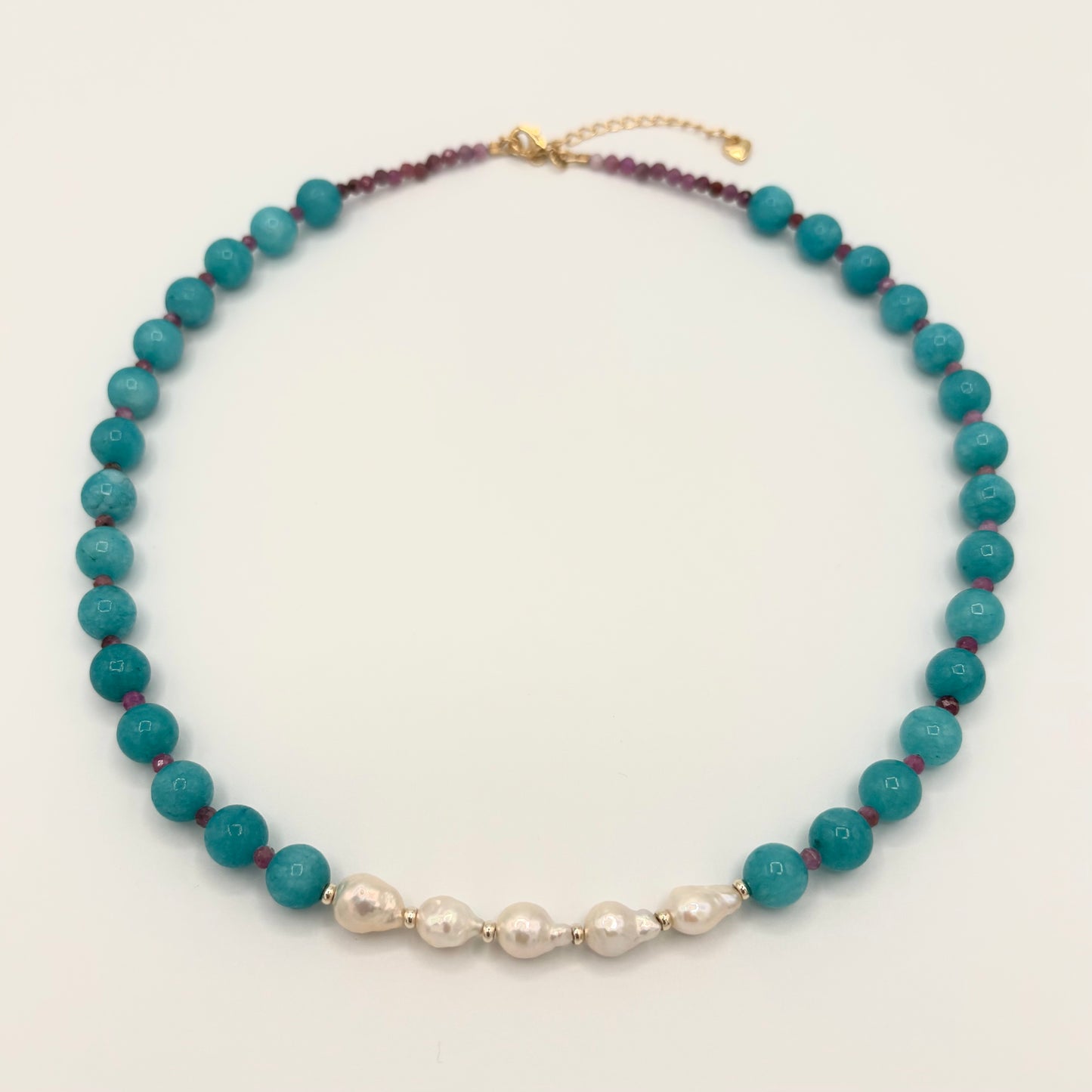 Blue Quartz & Pink Tourmaline Necklace with Freshwater Pearl Center – 17”