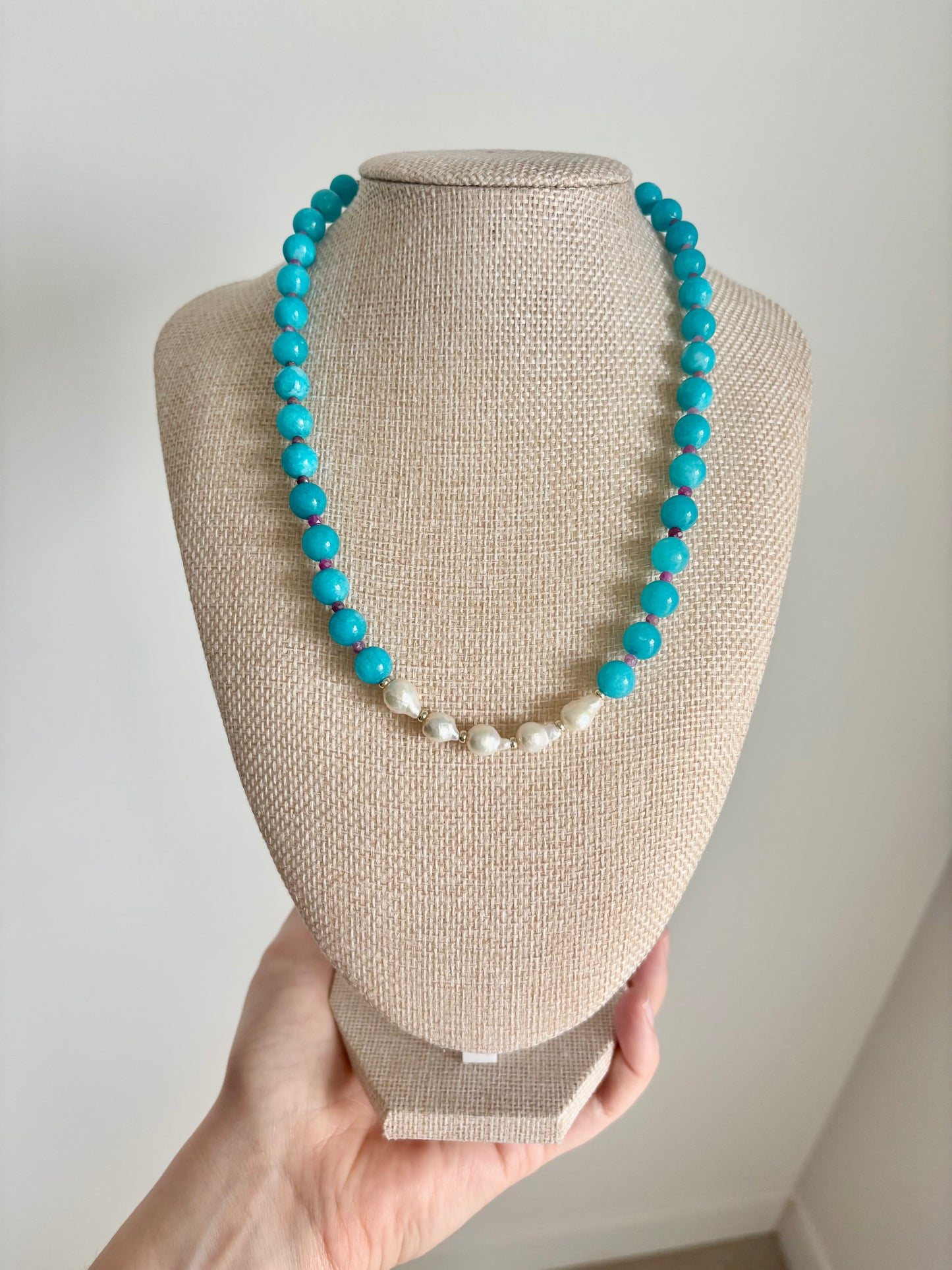 Blue Quartz & Pink Tourmaline Necklace with Freshwater Pearl Center – 17”