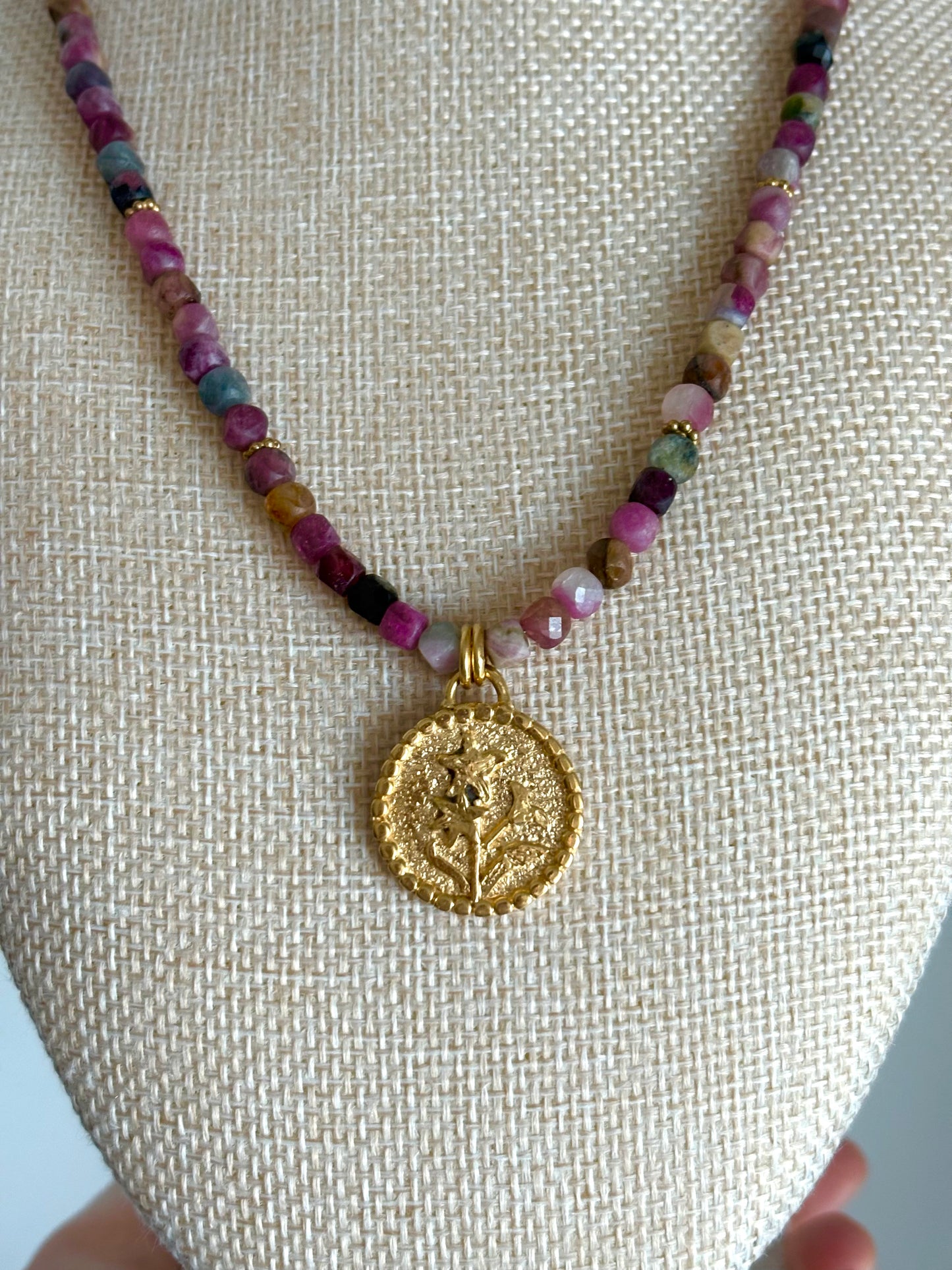 Watermelon Tourmaline Necklace with Floral Coin Pendant | Gold Vermeil & Gold-Filled Details